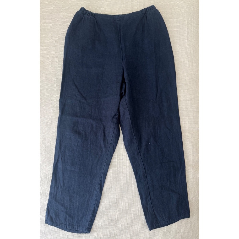 FLAX Linen Pants Womens S Navy Blue Elastic Waist Straight Leg Excellent